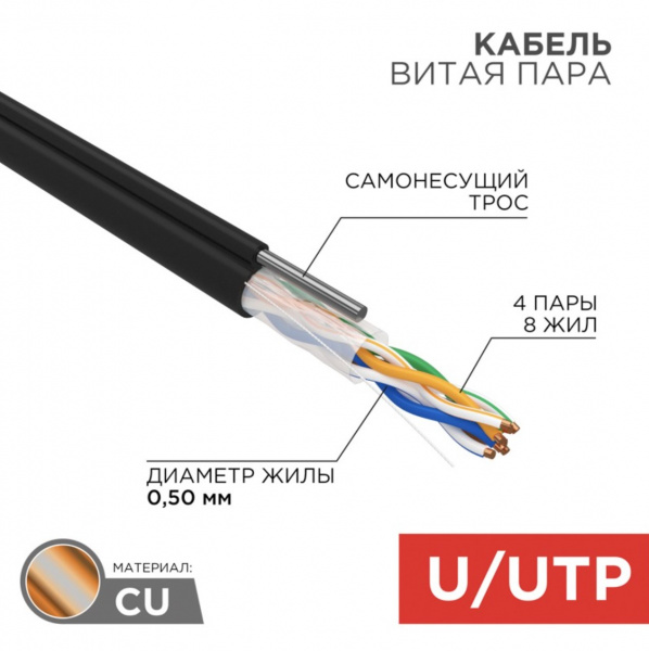 Кабель витая пара REXANT UTP 4PR 24AWG, CAT5e наружный (OUTDOOR) + ТРОС*1 (бухта 305 м) Фото