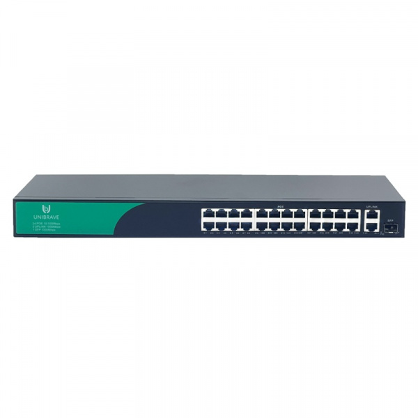 UB-SW-24F2G1SFP-300 Base Неуправляемый коммутатор Unibrave с поддержкой PoE на 24 порта, 2 Uplink 1000 Мбит/c и 1 SFP (300 Вт) Фото UB-SW-24F2G1SFP-300 Base Неуправляемый коммутатор Unibrave с поддержкой PoE на 24 порта, 2 Uplink 1000 Мбит/c и 1 SFP (300 Вт) Фото