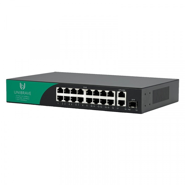 UB-SW-16F2G1SFP-200 Base Неуправляемый коммутатор Unibrave с поддержкой PoE на 16 портов, 2 Uplink 1000 Мбит/c и 1 SFP (200 Вт) Фото UB-SW-16F2G1SFP-200 Base Неуправляемый коммутатор Unibrave с поддержкой PoE на 16 портов, 2 Uplink 1000 Мбит/c и 1 SFP (200 Вт) Фото