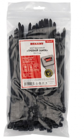 Хомут-стяжкa нейлоновая с тройным замком REXANT 200x7,5 мм, черная, упаковка 100 шт. Фото Хомут-стяжкa нейлоновая с тройным замком REXANT 200x7,5 мм, черная, упаковка 100 шт. Фото