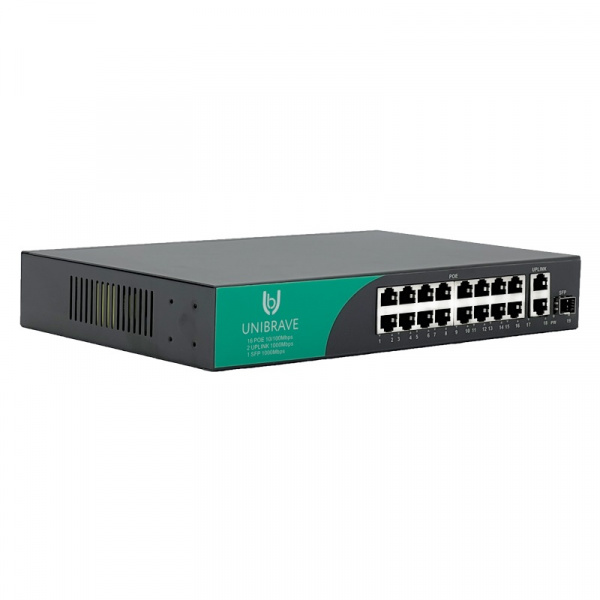 UB-SW-16F2G1SFP-200 Base Неуправляемый коммутатор Unibrave с поддержкой PoE на 16 портов, 2 Uplink 1000 Мбит/c и 1 SFP (200 Вт) Фото UB-SW-16F2G1SFP-200 Base Неуправляемый коммутатор Unibrave с поддержкой PoE на 16 портов, 2 Uplink 1000 Мбит/c и 1 SFP (200 Вт) Фото