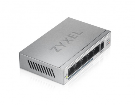 Коммутатор PoE+ Zyxel GS1005HP, 5xGE (4xPoE+), настольный, металлический, бесшумный, бюджет PoE 60 В Фото