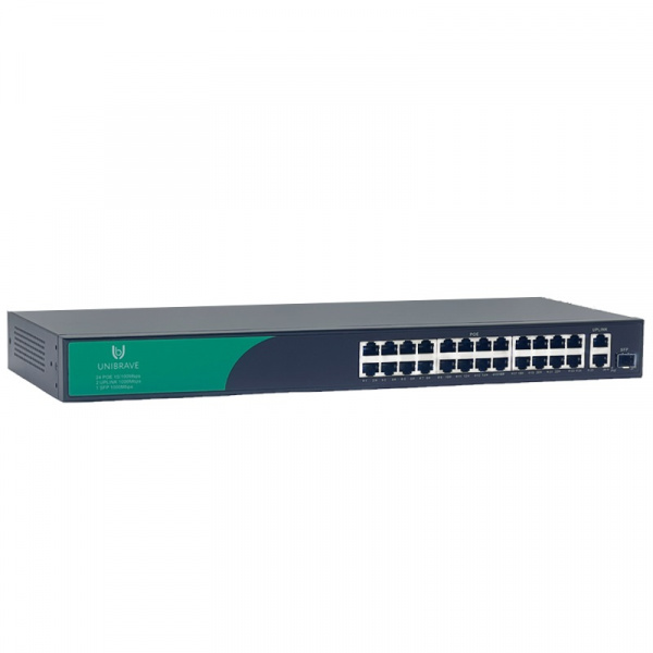 UB-SW-24F2G1SFP-300 Base Неуправляемый коммутатор Unibrave с поддержкой PoE на 24 порта, 2 Uplink 1000 Мбит/c и 1 SFP (300 Вт) Фото UB-SW-24F2G1SFP-300 Base Неуправляемый коммутатор Unibrave с поддержкой PoE на 24 порта, 2 Uplink 1000 Мбит/c и 1 SFP (300 Вт) Фото