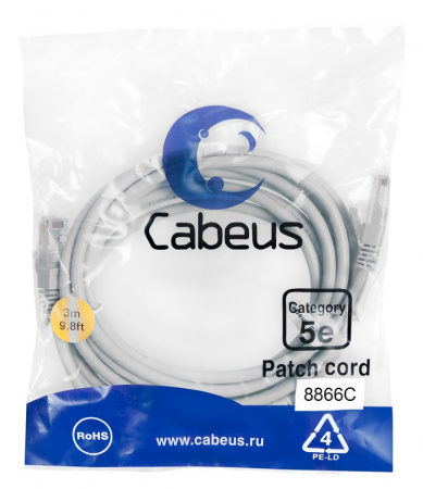 Cabeus PC-UTP-RJ45-Cat.5e-3m-LSZH Патч-корд U/UTP, категория 5е, 2xRJ45/8p8c, неэкранированный, серый, LSZH, 3м Фото