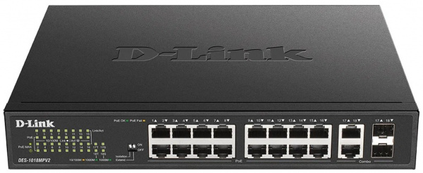 D-Link DES-1018MPV2 16x100Mb 2G 16PoE+ 247W Коммутатор неуправляемый Фото