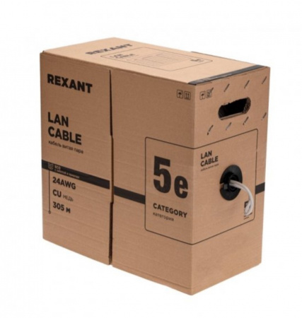 Кабель витая пара U/UTP, CAT 5e, PVC, 4PR, 24AWG, INDOOR, SOLID, серый, 305м, РФ REXANT Фото